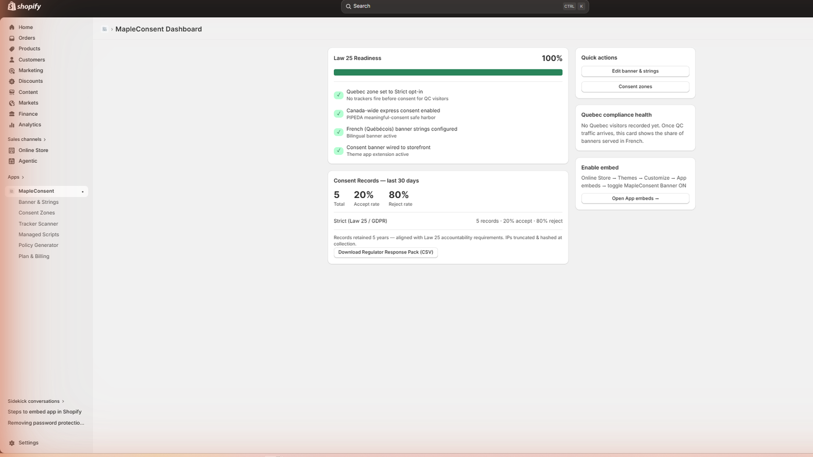 MapleConsent dashboard showing Law 25 readiness and consent records.